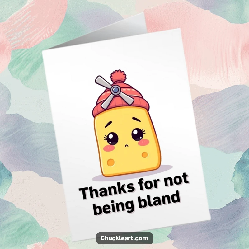 Funny Free Printable Thank You Card: Bewildered cheese slice with a propeller beanie offers a unique and funny way to say thanks.