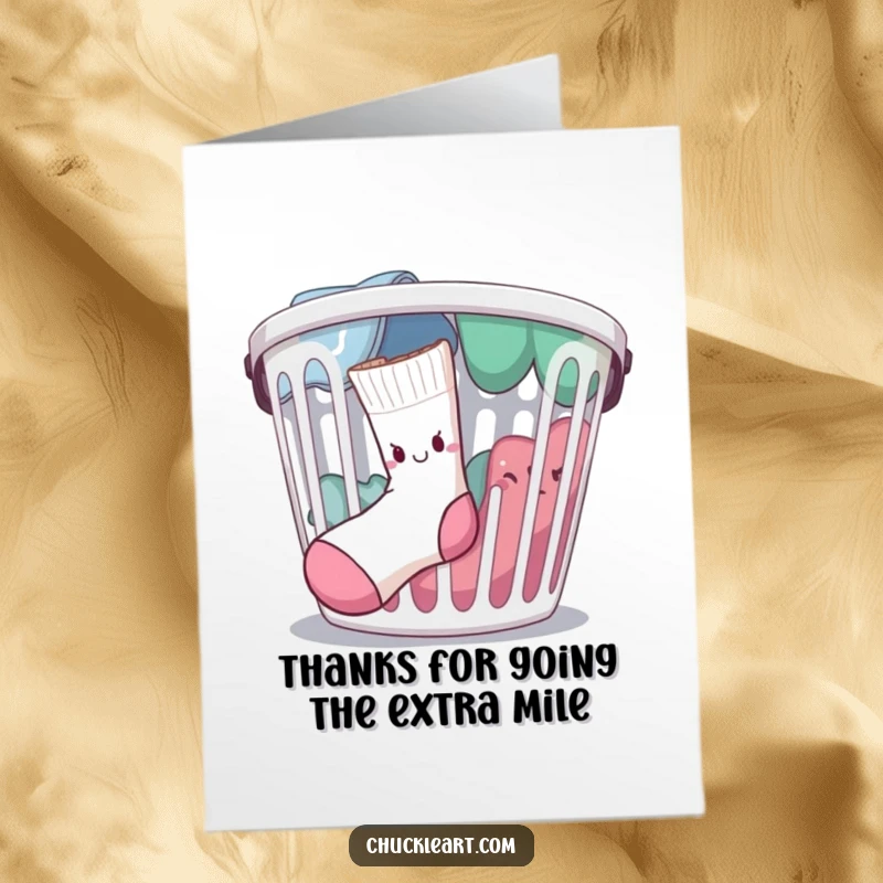 Funny free printable thank you card featuring a determined single sock escaping a laundry basket, expressing gratitude humorously.