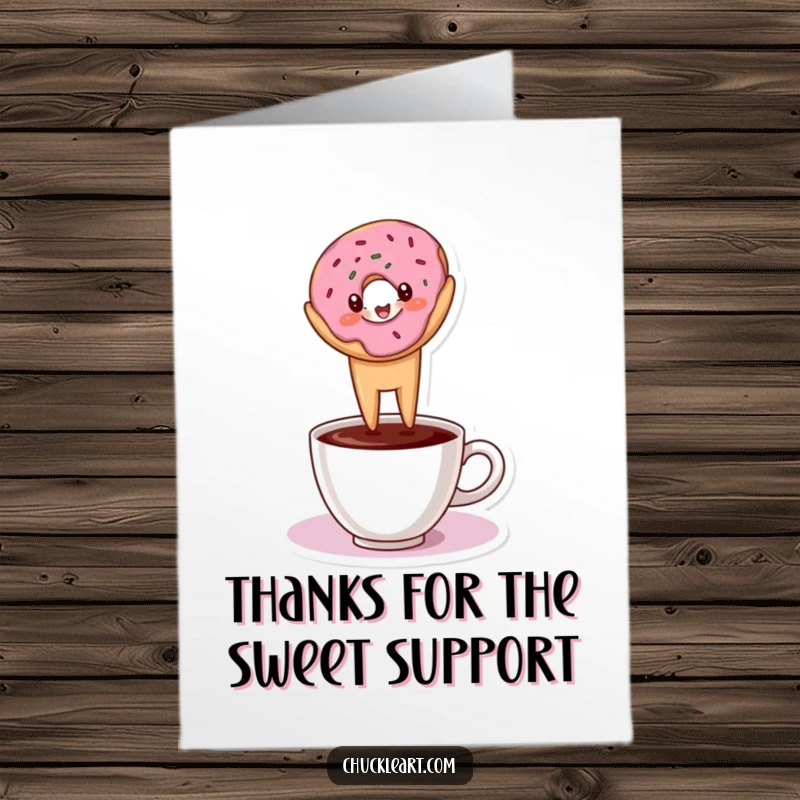 Funny Free Printable Donut Thank You Card: Donut in a headstand on a coffee cup, a humorous thank you for coffee lovers.