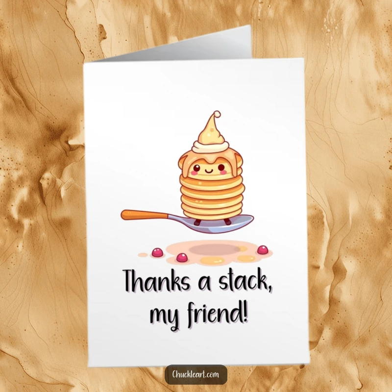Funny free printable thank you card: pancakes in hats fleeing a fork, expressing gratitude with humor.