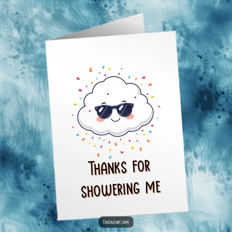 Funny free printable thank you card featuring a giggling cloud with sunglasses showering colorful confetti, conveying thanks joyfully.