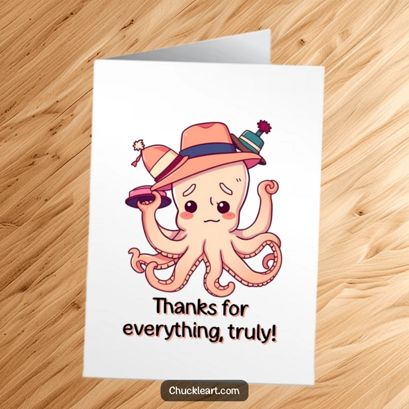 Funny Free Printable Thank You Card: A confused octopus with many hats tangled on its arms, a humorous thank you.