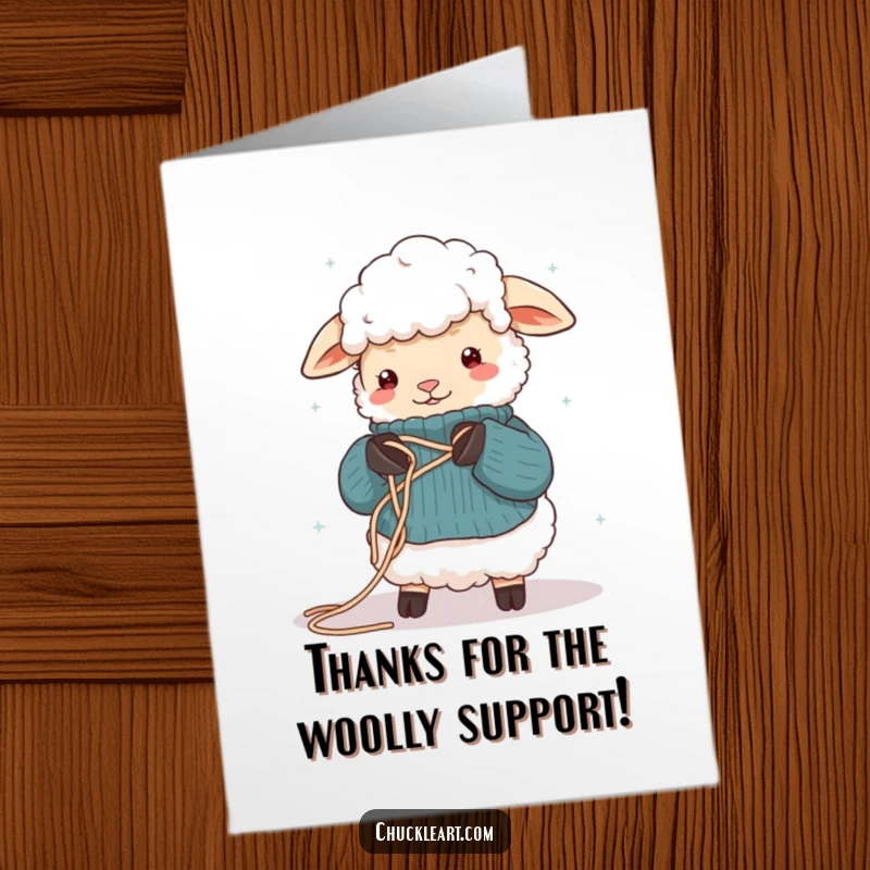Funny Free Printable Thank You Card: A sheep tangled in wool while attempting to knit, a humorous way to say thanks.