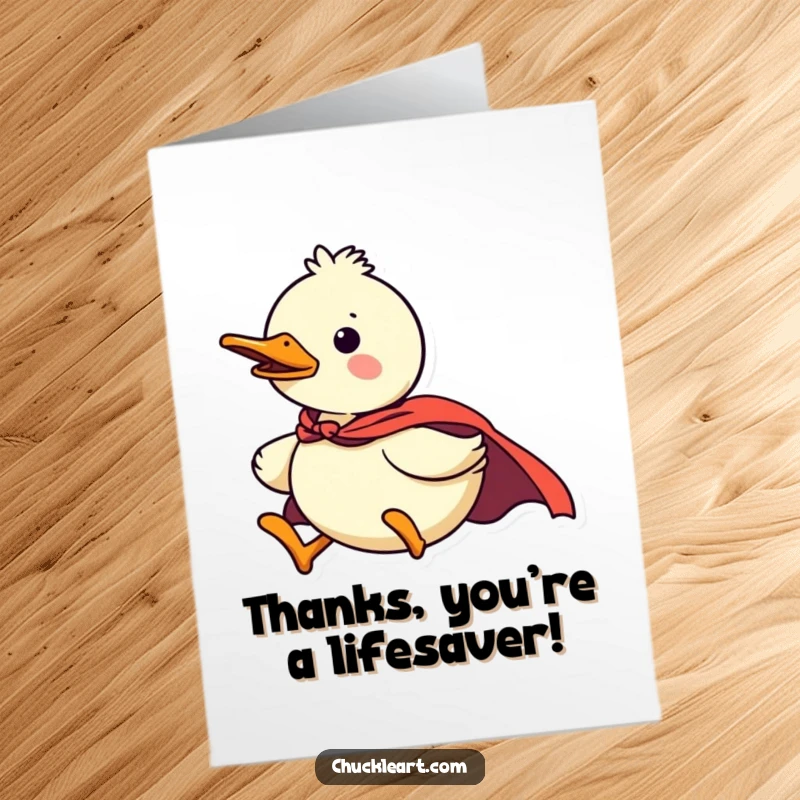 Funny Free Printable Superhero Duck Thank You Card: A confident duck in a superhero cape flying, expressing thanks. Heroic downloadable.