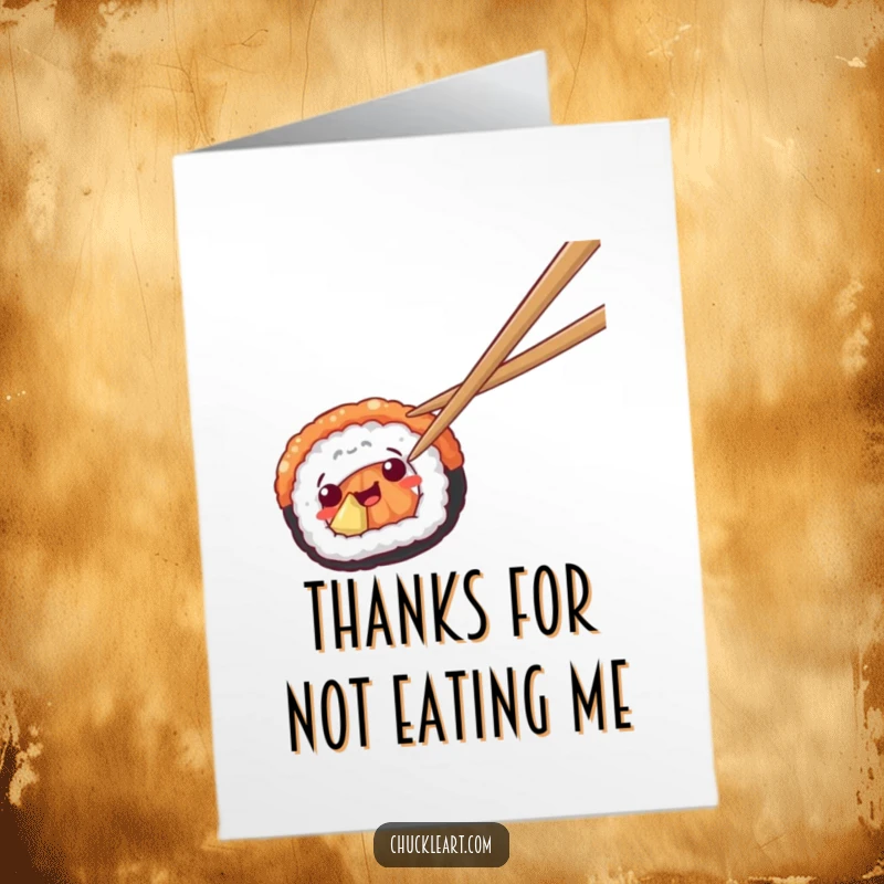 Funny Free Printable Sushi Thank You Card: Sushi piece making a break for it from chopsticks, a humorous thank you.