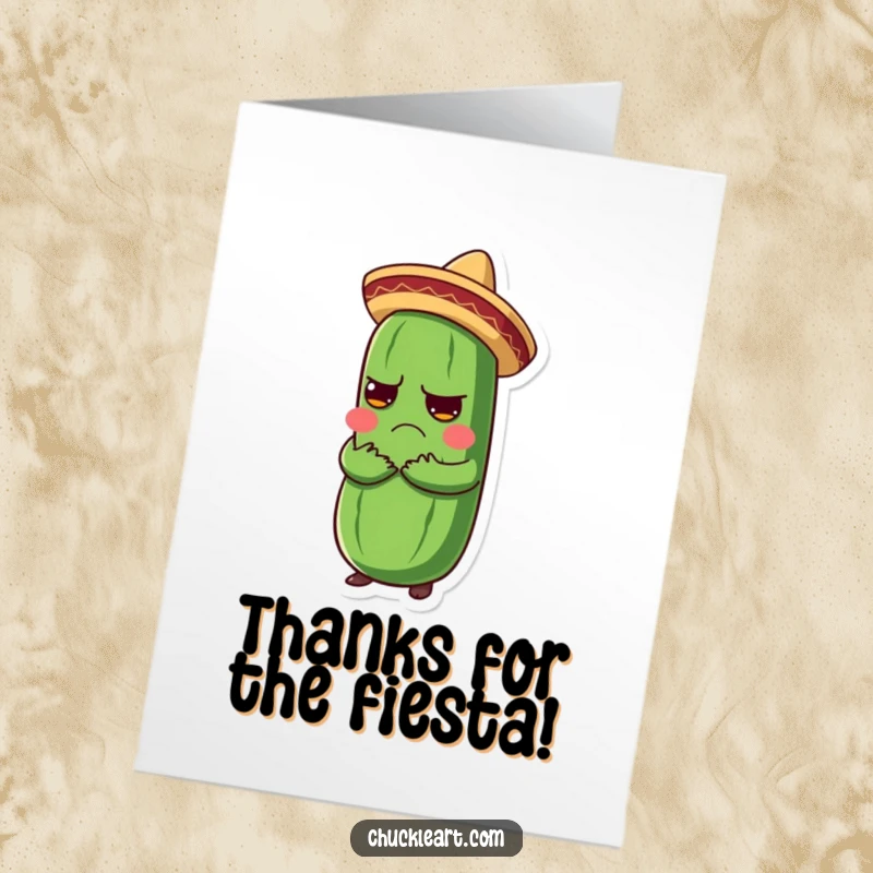 Funny Free Printable Thank You Card: Grumpy pickle wearing a sombrero is hugged enthusiastically.