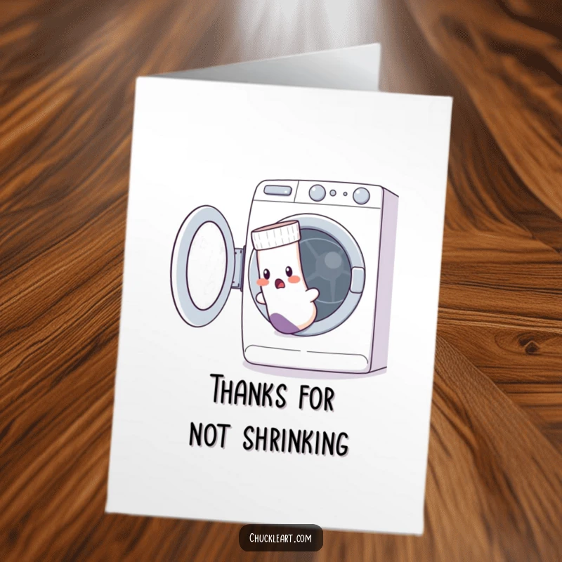 Funny Free Printable Thank You Card: Startled sock with a hole tries to escape a washing machine.