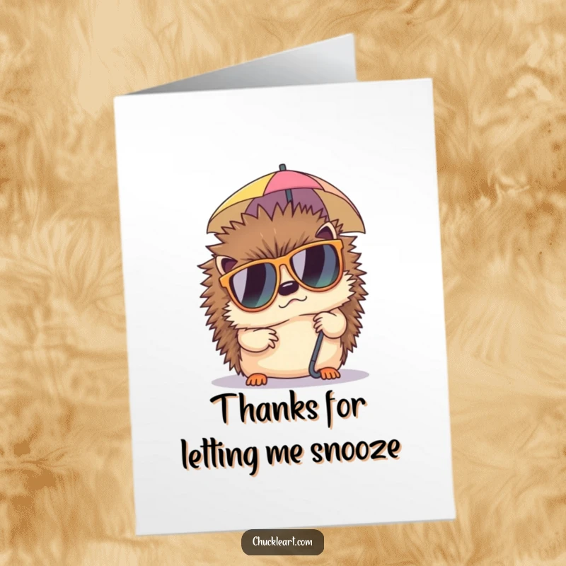 Funny Free Printable Thank You Card: Grumpy hedgehog lounging in sunglasses, a cool downloadable gift.