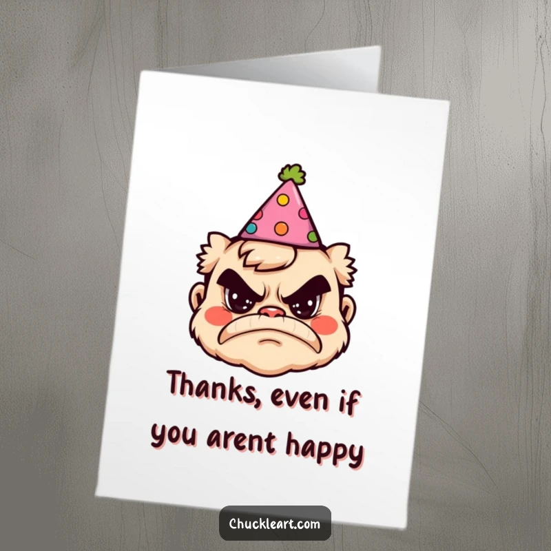 Funny Free Printable Thank You Card: A grumpy face donned with a festive party hat, conveying thanks with a smirk.