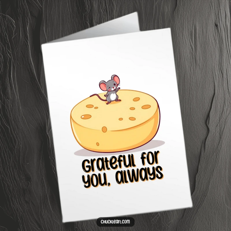 Funny Free Printable Thank You Card: A tiny mouse maintains perfect balance on a giant, wobbling cheese wheel, expressing gratitude.
