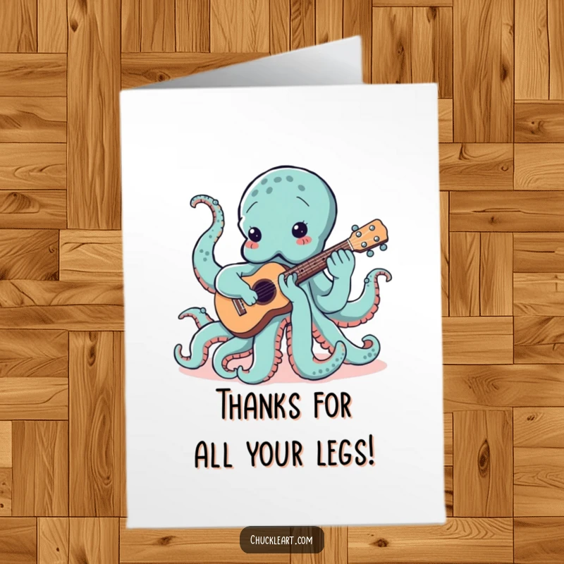 Funny Free Printable Thank You Card: A colorful octopus clumsily plays a ukulele with all eight tentacles, expressing thanks.