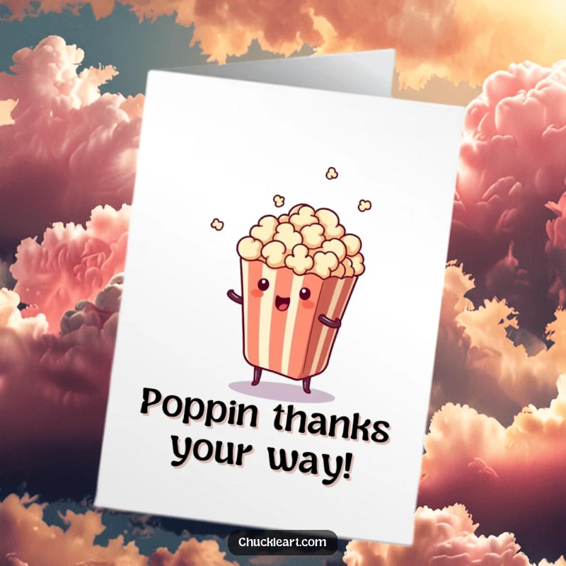 Funny Free Printable Thank You Card: A popcorn kernel dramatically jumping out of its bag, showing surprise and gratitude.