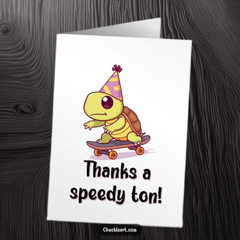 Funny Free Printable Thank You Card: A turtle with a party hat trying to skateboard, a humorous way to say thank you.