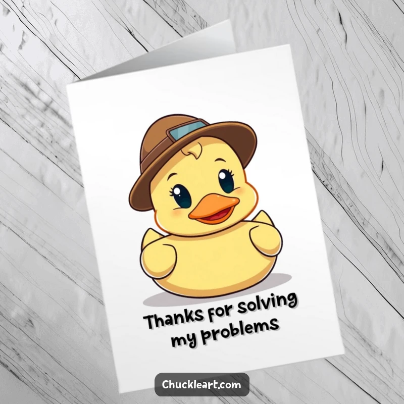 Funny Free Printable Thank You Card showing a rubber duck detective, hat askew, pointing excitedly as it finds a reason to say thanks.