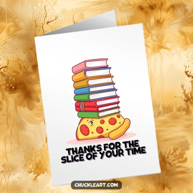 Funny Free Printable Thank You Card with a pizza slice wearing glasses, balancing a tower of books with a grateful expression.