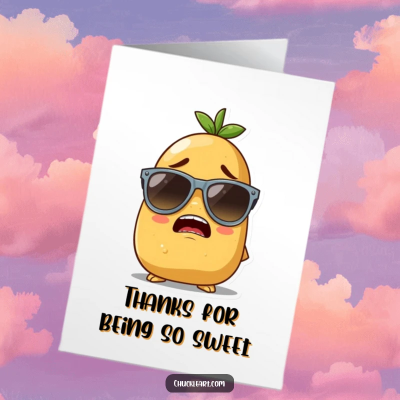 Funny Free Printable Thank You Card showing a potato character bravely sporting huge sunglasses, conveying thanks with comical effort.