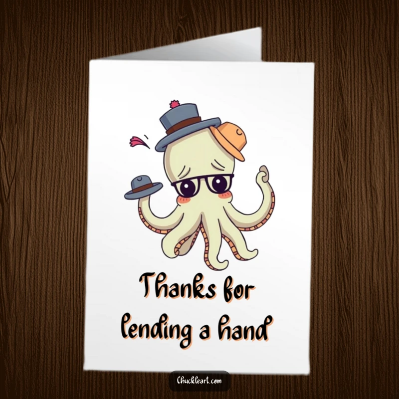 Funny Free Printable Thank You Card: A silly octopus with arms tangled in hats, humorously expressing gratitude.