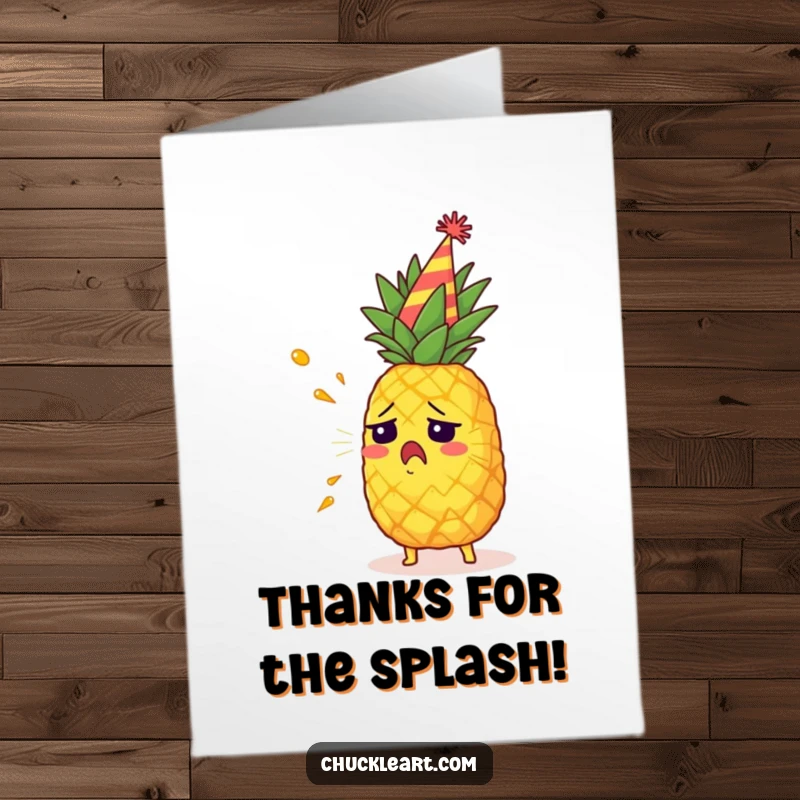 Funny free printable thank you card of a startled pineapple wearing a party hat, spraying juice, expressing thanks with a bang.
