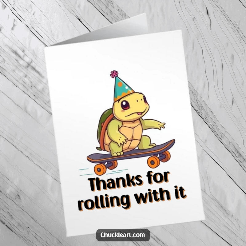 Funny Free Printable Thank You Card: A party-hatted turtle speeds on a skateboard, offering thanks with hilarious energy.