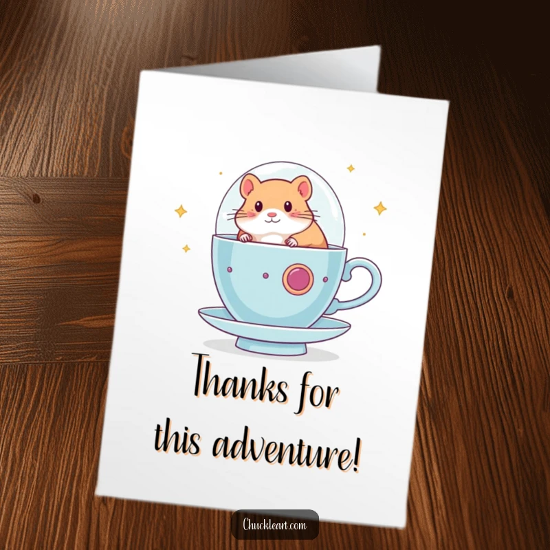 Funny Free Printable Thank You Card: A tiny hamster confidently navigates a oversized teacup, pretending it's a spaceship.