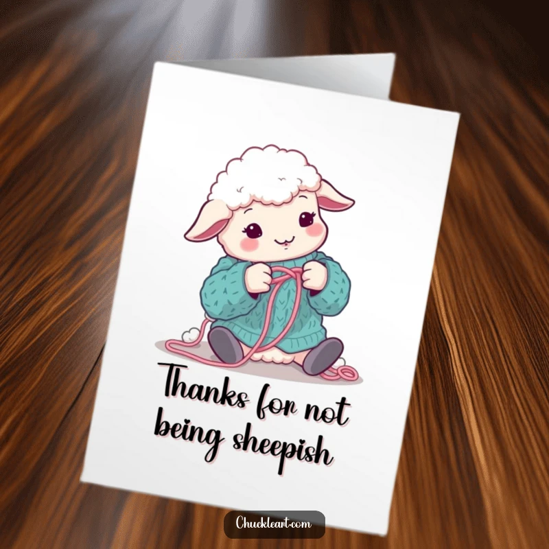 Funny Free Printable Thank You Card: A sheep humorously tangled in knitting wool, offering thanks with a sheepish grin.