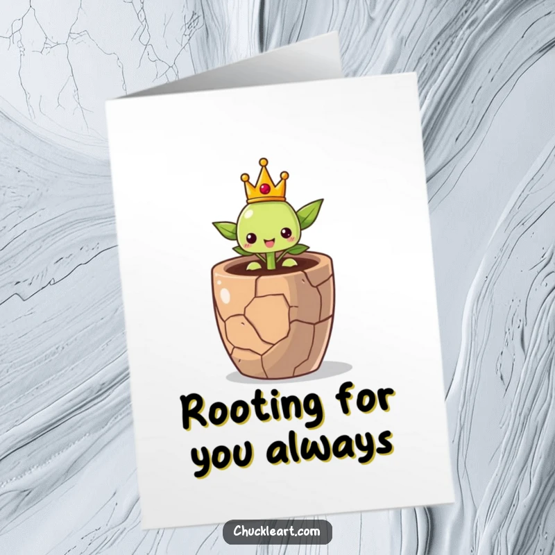 Heartfelt Free Printable Thank You Card: a proud little sprout in a crown, expressing gratitude from its cracked pot.