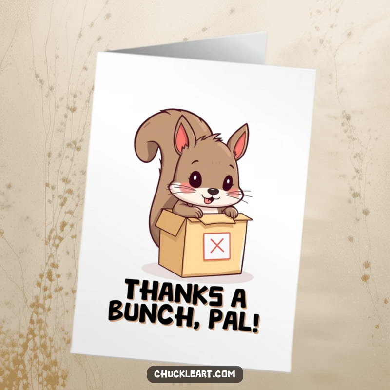 Funny Free Printable Thank You Card: A squirrel attempting to mail itself, a unique and humorous way to show appreciation.