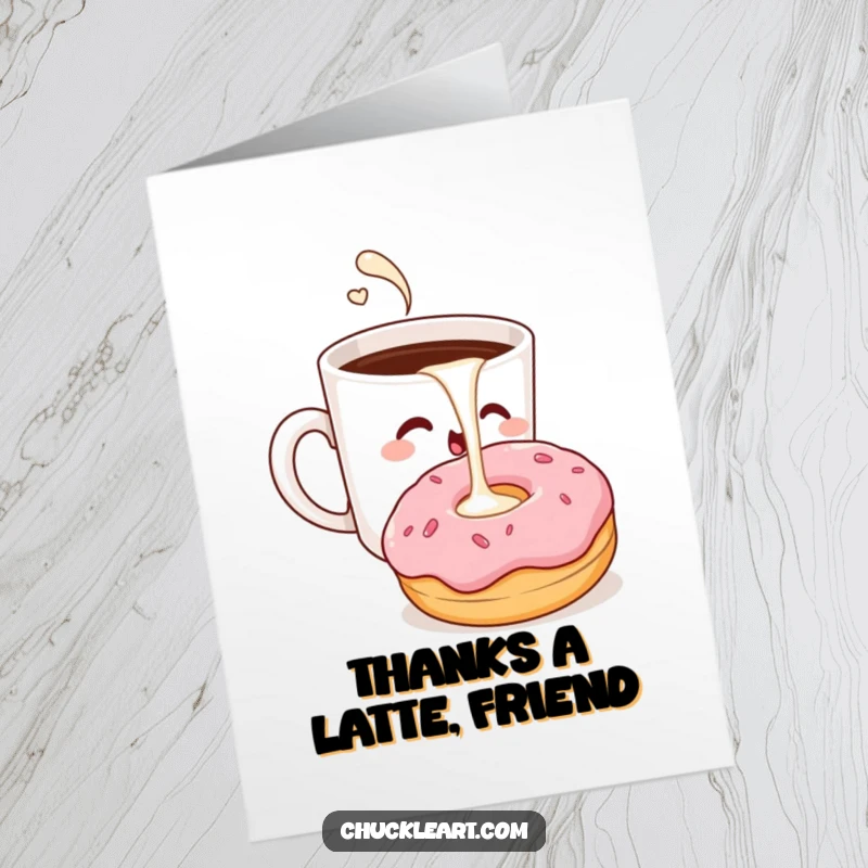 Funny Free Printable Thank You Card: A winking coffee cup pours milk into a surprised donut.