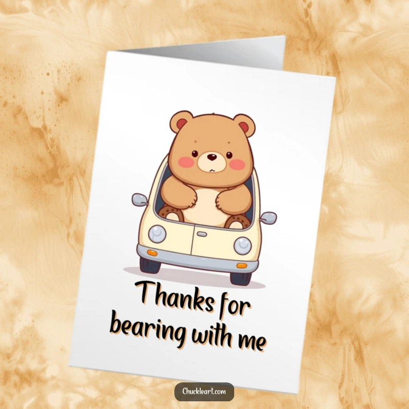 Funny Free Printable Thank You Card: A chubby bear hilariously stuck in a small car, expressing thanks with gusto.