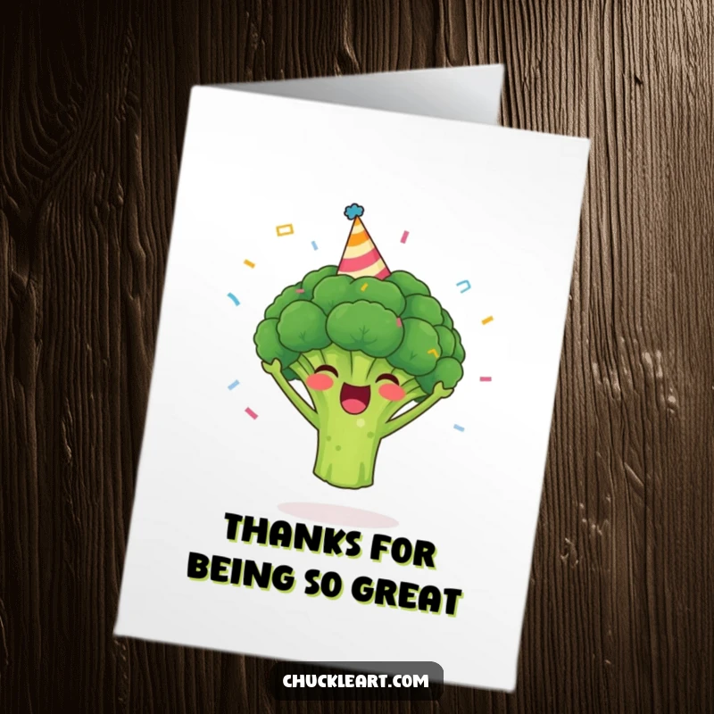 Funny Free Printable Thank You Card: A cheerful broccoli character wearing a party hat and tossing confetti, expressing thanks.