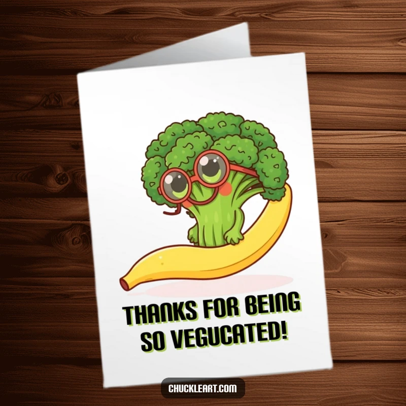 Funny free printable thank you card: a broccoli floret with a monocle climbing a slippery banana peel with effort.