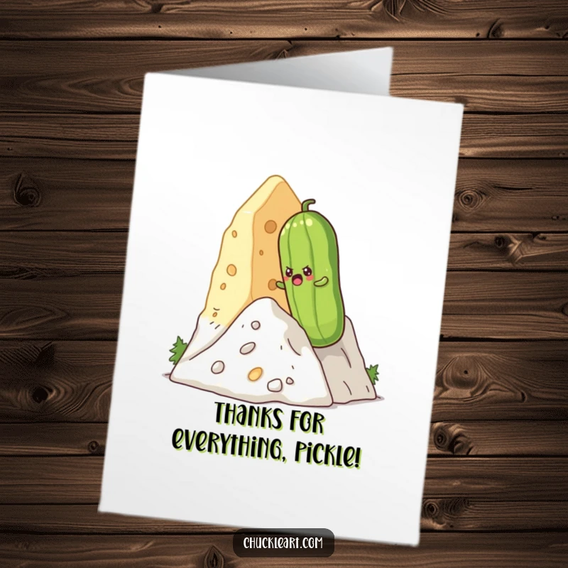 Funny free printable thank you card: A determined pickle is climbing a huge cheese mountain, symbolising a massive thank you.