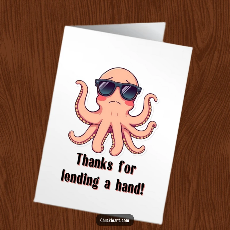Funny Free Printable Thank You Card: An octopus tries to wear sunglasses on all its arms, a comical thank you.