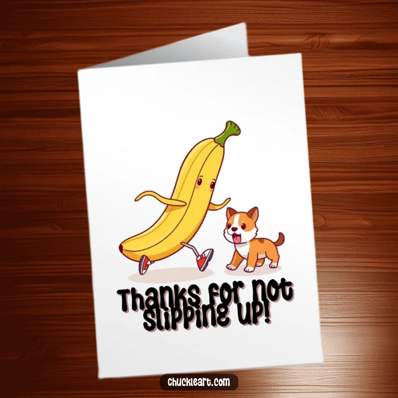 Funny Free Printable Thank You Card: A banana peel in shoes tries to trip a dog, a funny way to say thanks.