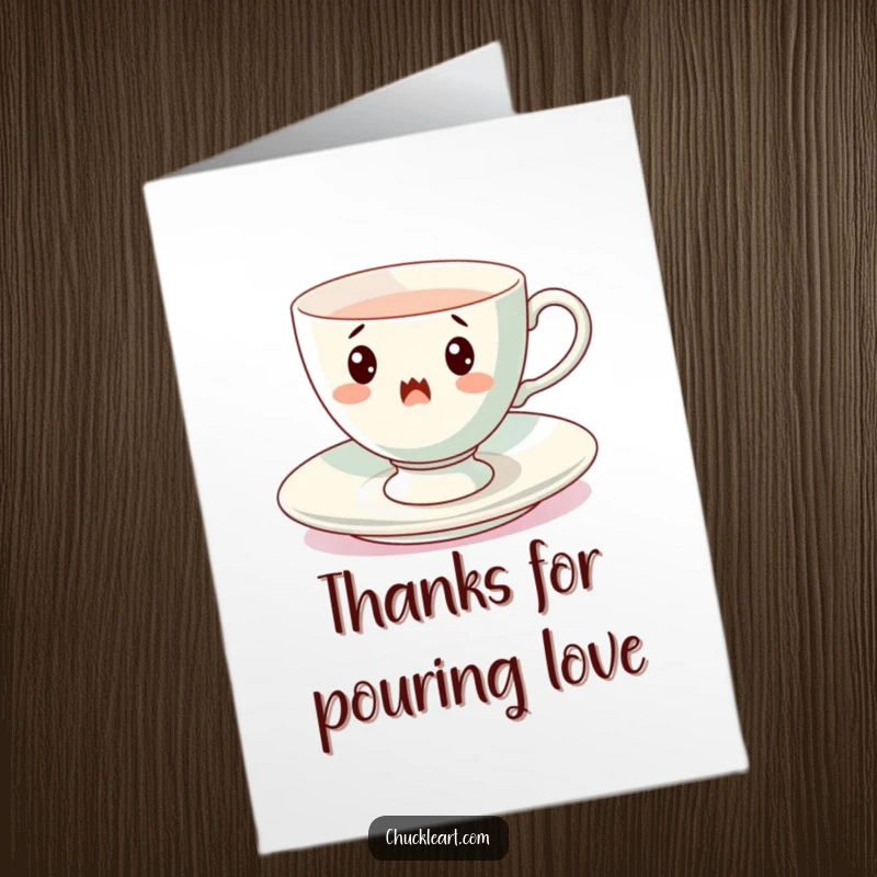 Funny Free Printable Thank You Card: A surprised teacup attempting to spin on its saucer, full of motion.