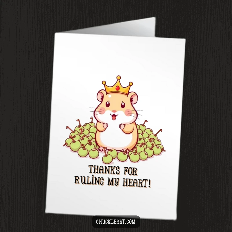 Funny Free Printable Thank You Card: A hamster wearing a tiny crown looks sternly at an army of peas.