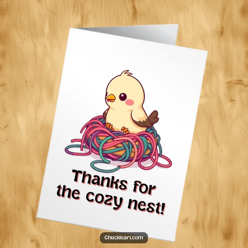 Funny Free Printable Thank You Card: A bird is hilariously attempting to build a nest using a jumble of vibrant, knotted yarn.