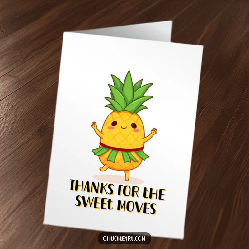 Funny Free Printable Thank You Card: A dancing pineapple in a hula skirt, ready to party, a fun downloadable gift.