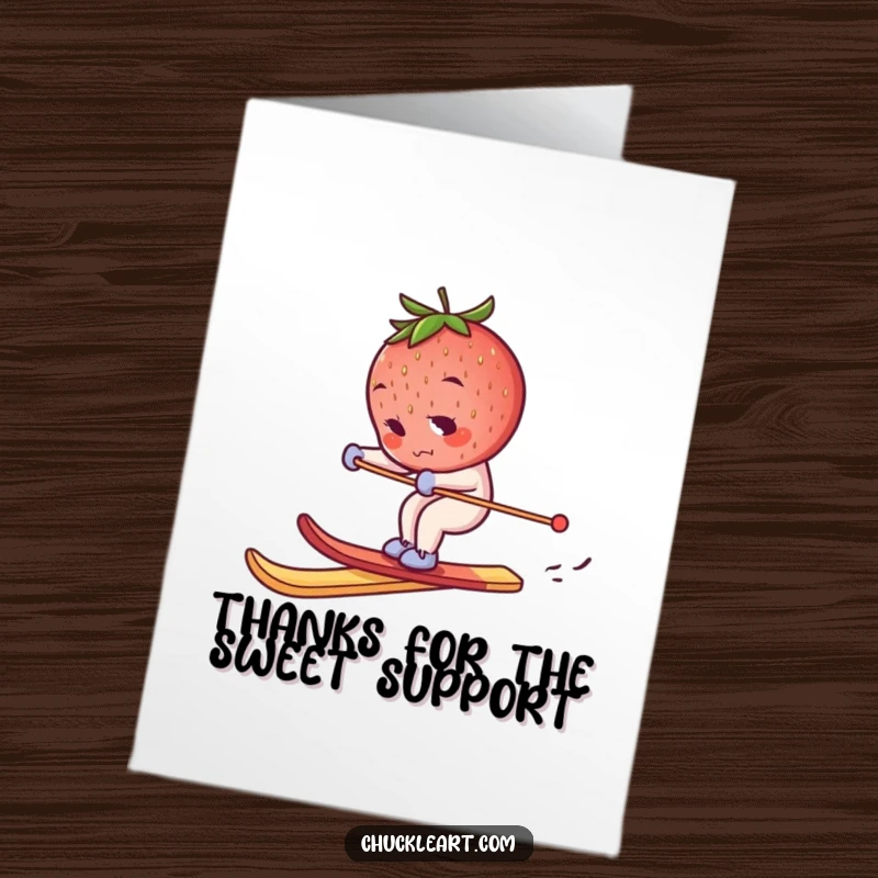 Funny Free Printable Thank You Card: A determined strawberry skiing on a breadstick, ready for anything.