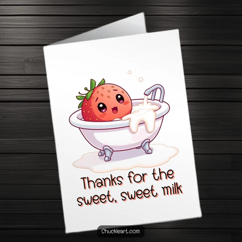 Funny Free Printable Thank You Card: Strawberry looks shocked in a milk bath, a unique way to say thanks.