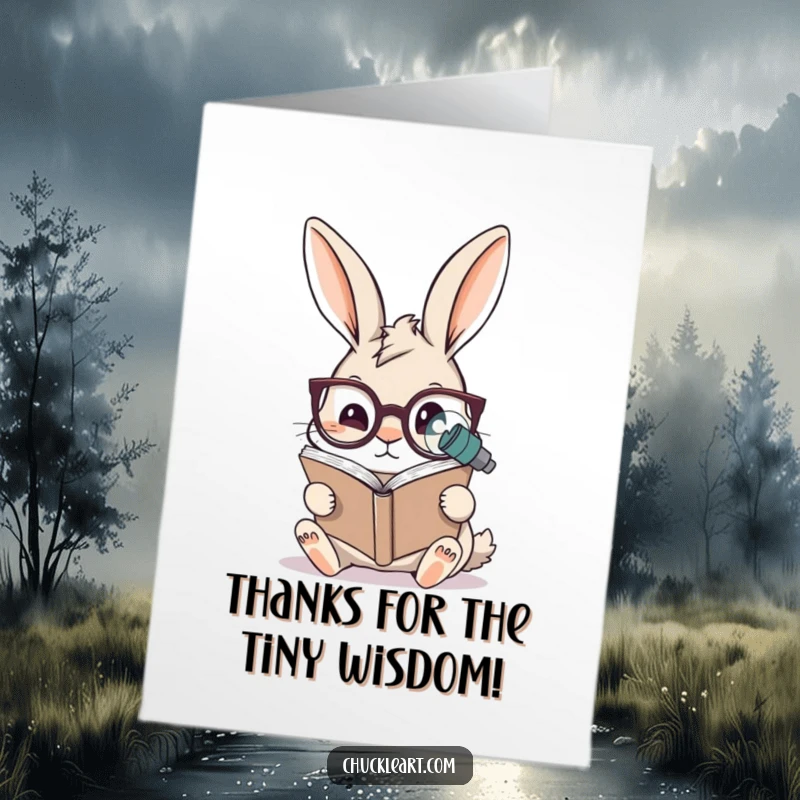 Funny Free Printable Thank You Card: A rabbit with enormous glasses attempts to read a book so small it's barely visible.
