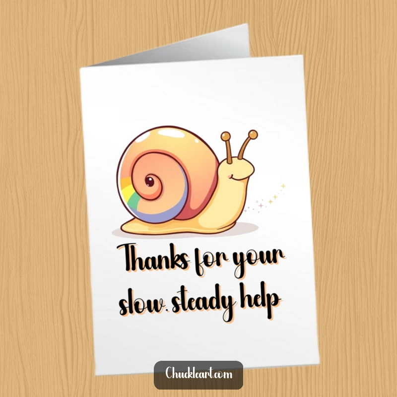 Funny Free Printable Thank You Card: A snail sporting a vivid rainbow shell leaves a magical, sparkly trail as a thank you.
