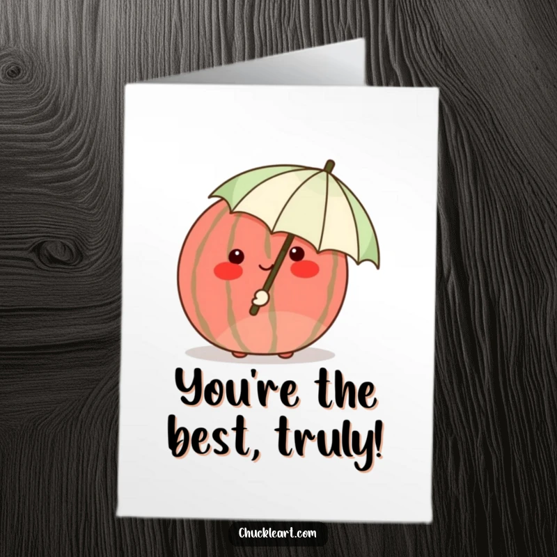 Funny free printable thank you card featuring a blushing watermelon hiding behind a small umbrella, sending heartfelt thanks.