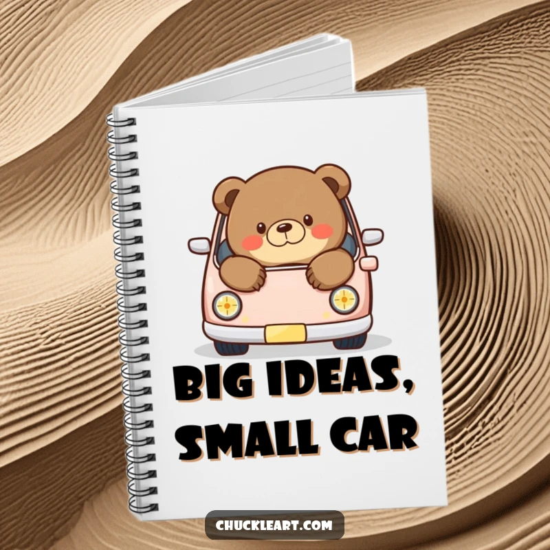 Funny notebook featuring a chubby bear humorously spilling out of a miniature car, ideal for jotting down ideas and plans.