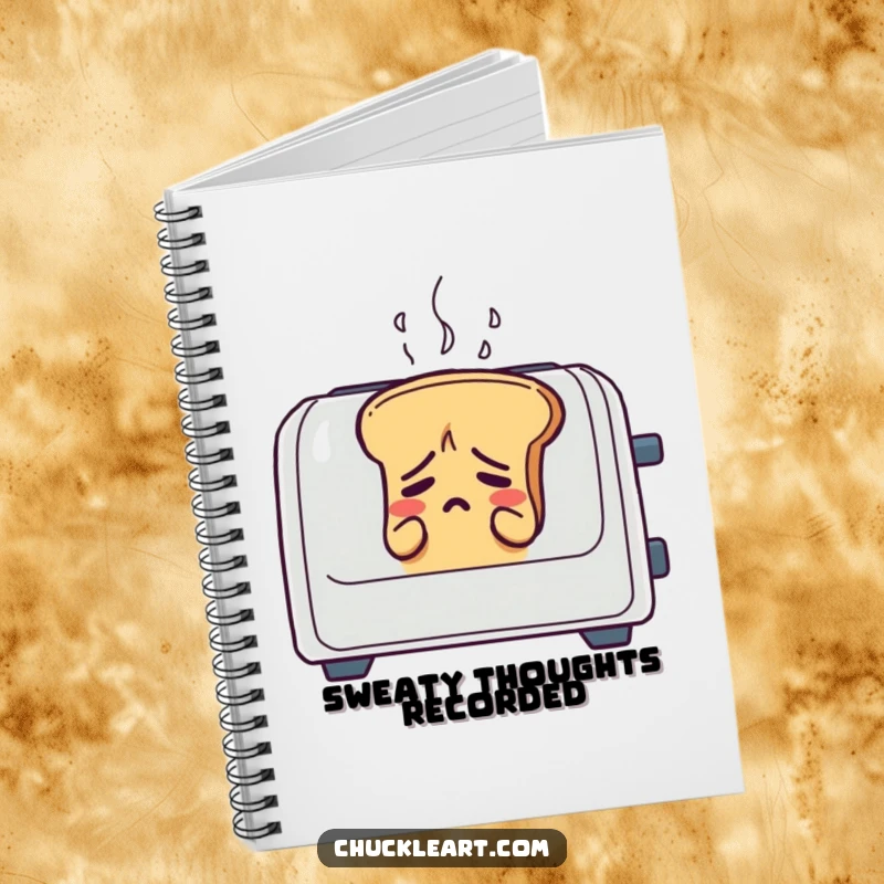 Funny anxious bread sweating in a toaster, on a notebook cover for writing down worries.