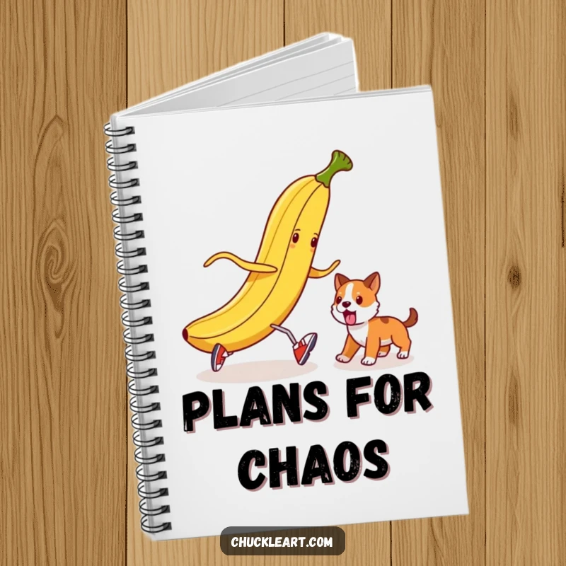 Funny banana peel wearing shoes trying to trip a dog, on a notebook cover for humorous notes.