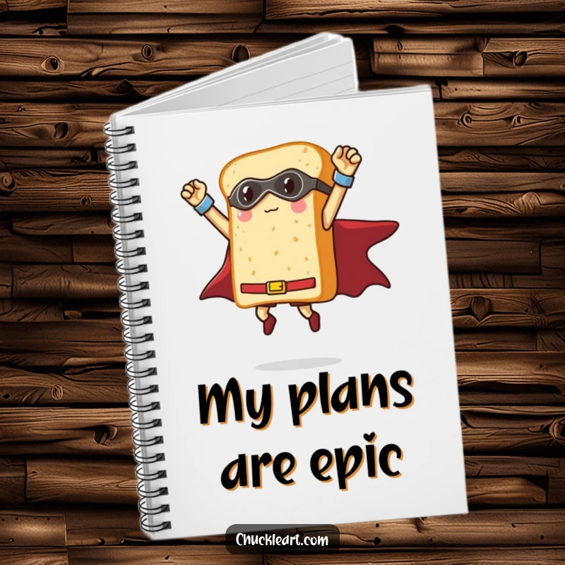 Funny loaf of bread dressed as a superhero striking a triumphant pose mid-air, a humorous notebook for recipes and ideas.