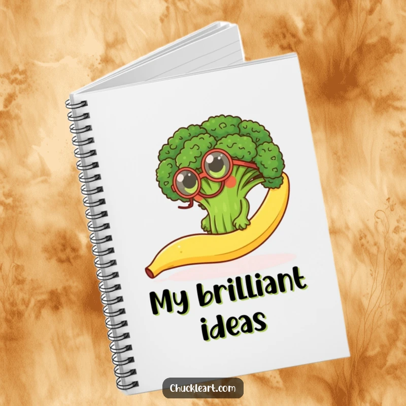 Funny notebook cover with a determined broccoli floret wearing a monocle, climbing a slippery banana peel, for writing and planning.