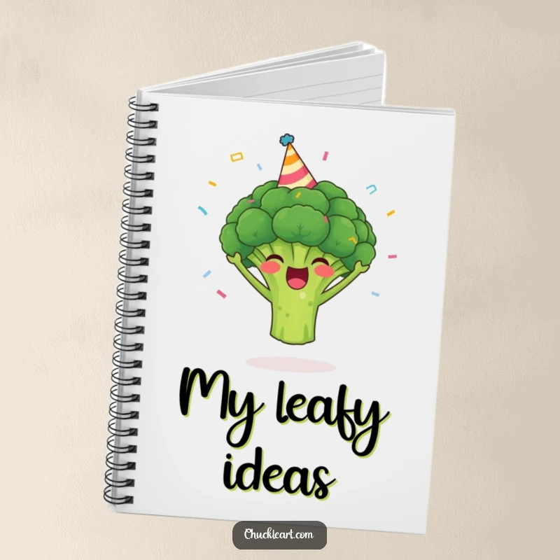 Funny broccoli notebook featuring a cheerful broccoli in a party hat with confetti, perfect for jotting down ideas.