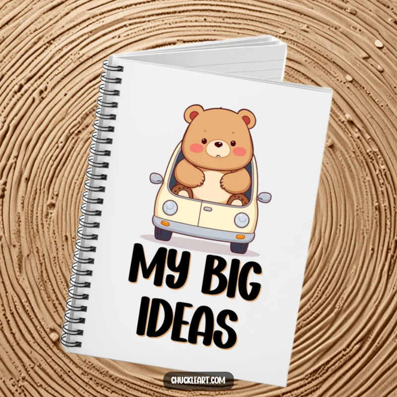 Funny chubby bear comically tries to fit in a miniature car, spilling out, on a notebook cover, ideal for a funny gift.